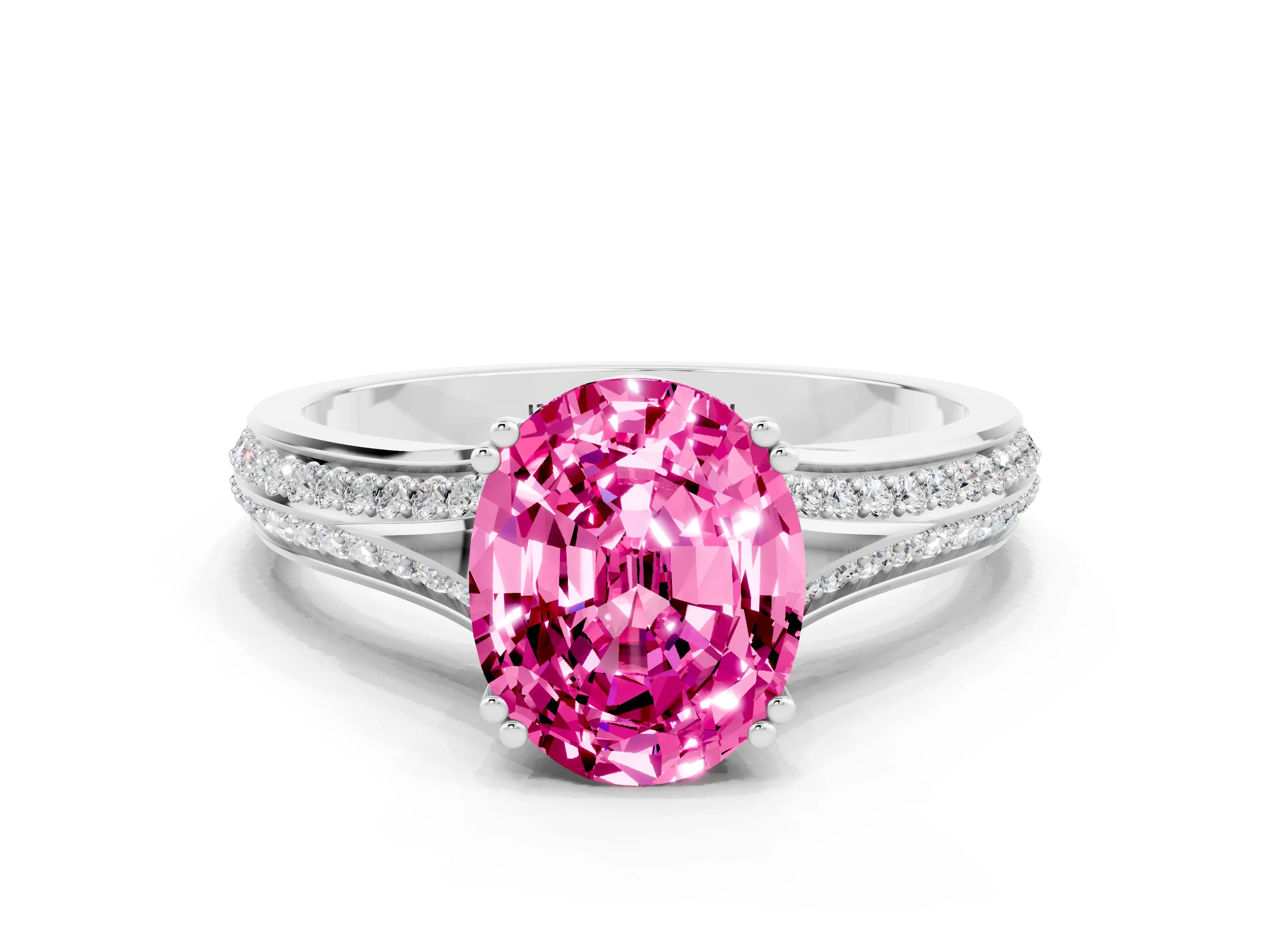 White gold Oval Cut Pink Sapphire Split Shank Engagement Ring with Pavé Band_24