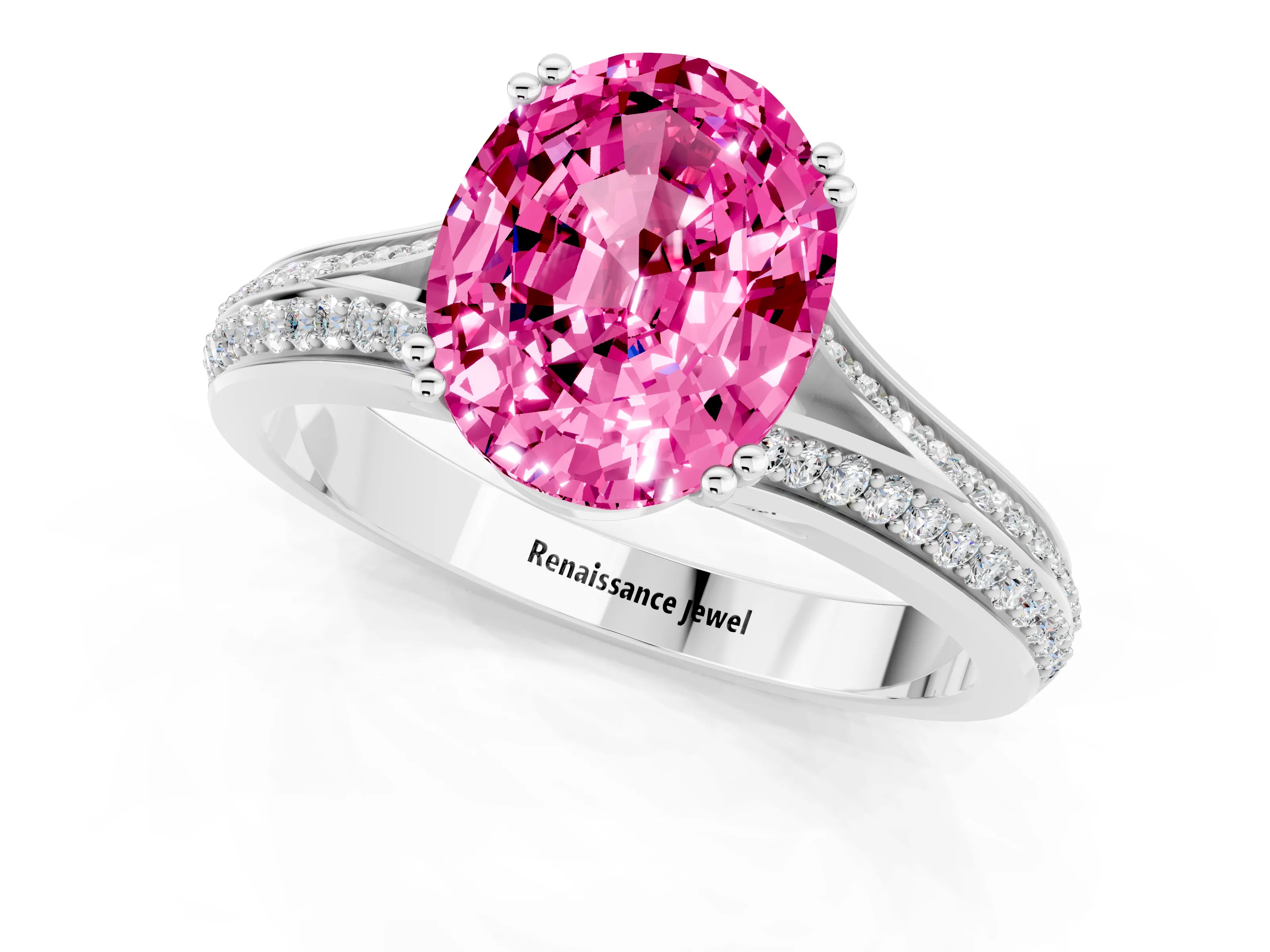 White gold Oval Cut Pink Sapphire Split Shank Engagement Ring with Pavé Band_25