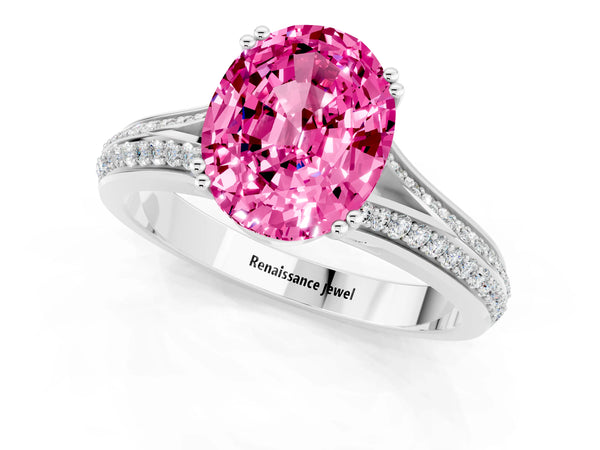 Platinum Oval Cut Pink Sapphire Split Shank Engagement Ring with Pavé Band