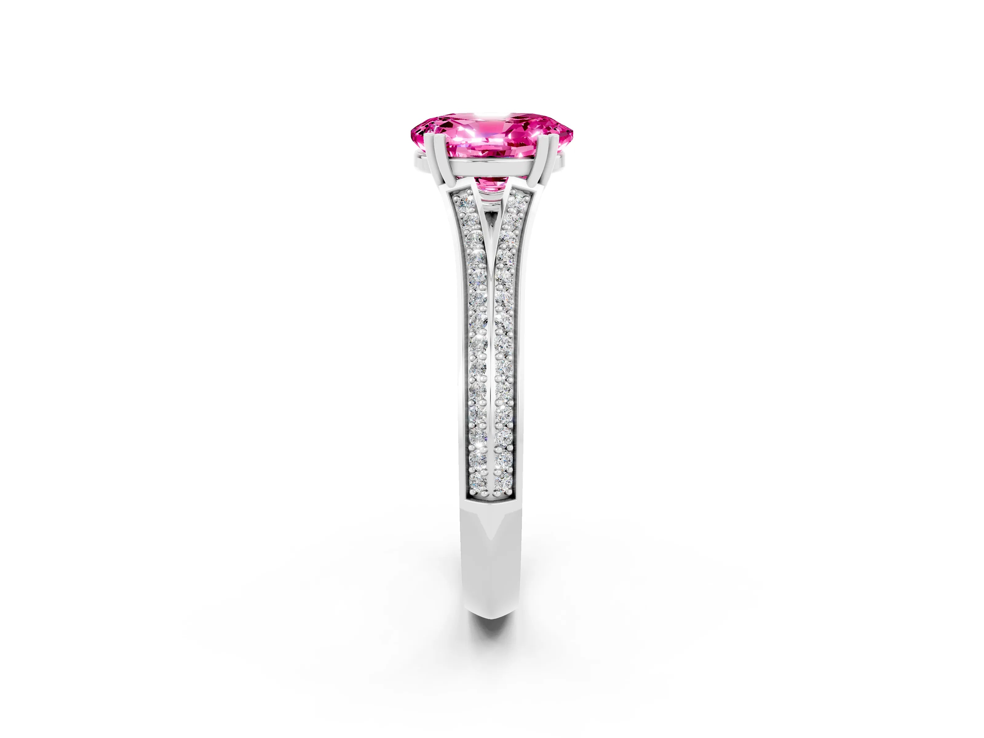 White gold Oval Cut Pink Sapphire Split Shank Engagement Ring with Pavé Band_26