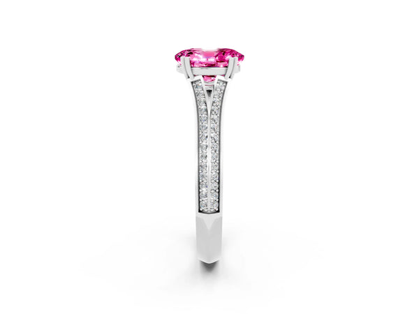 Platinum Oval Cut Pink Sapphire Split Shank Engagement Ring with Pavé Band