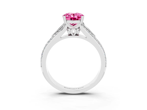 Silver Oval Cut Pink Sapphire Split Shank Engagement Ring with Pavé Band