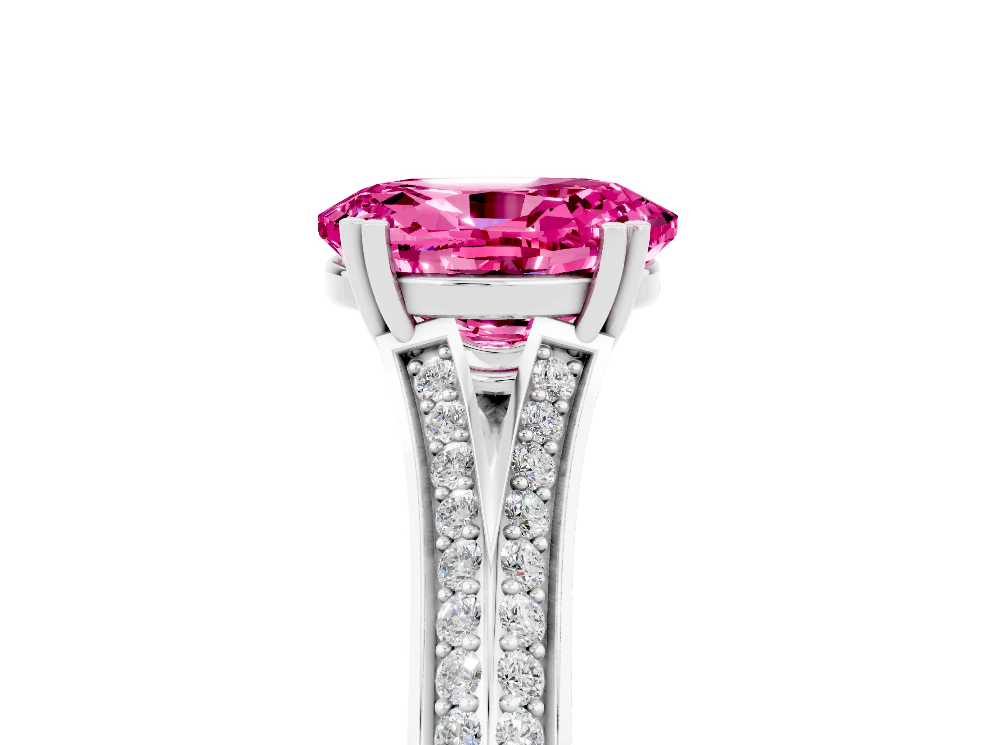 White gold Oval Cut Pink Sapphire Split Shank Engagement Ring with Pavé Band_29