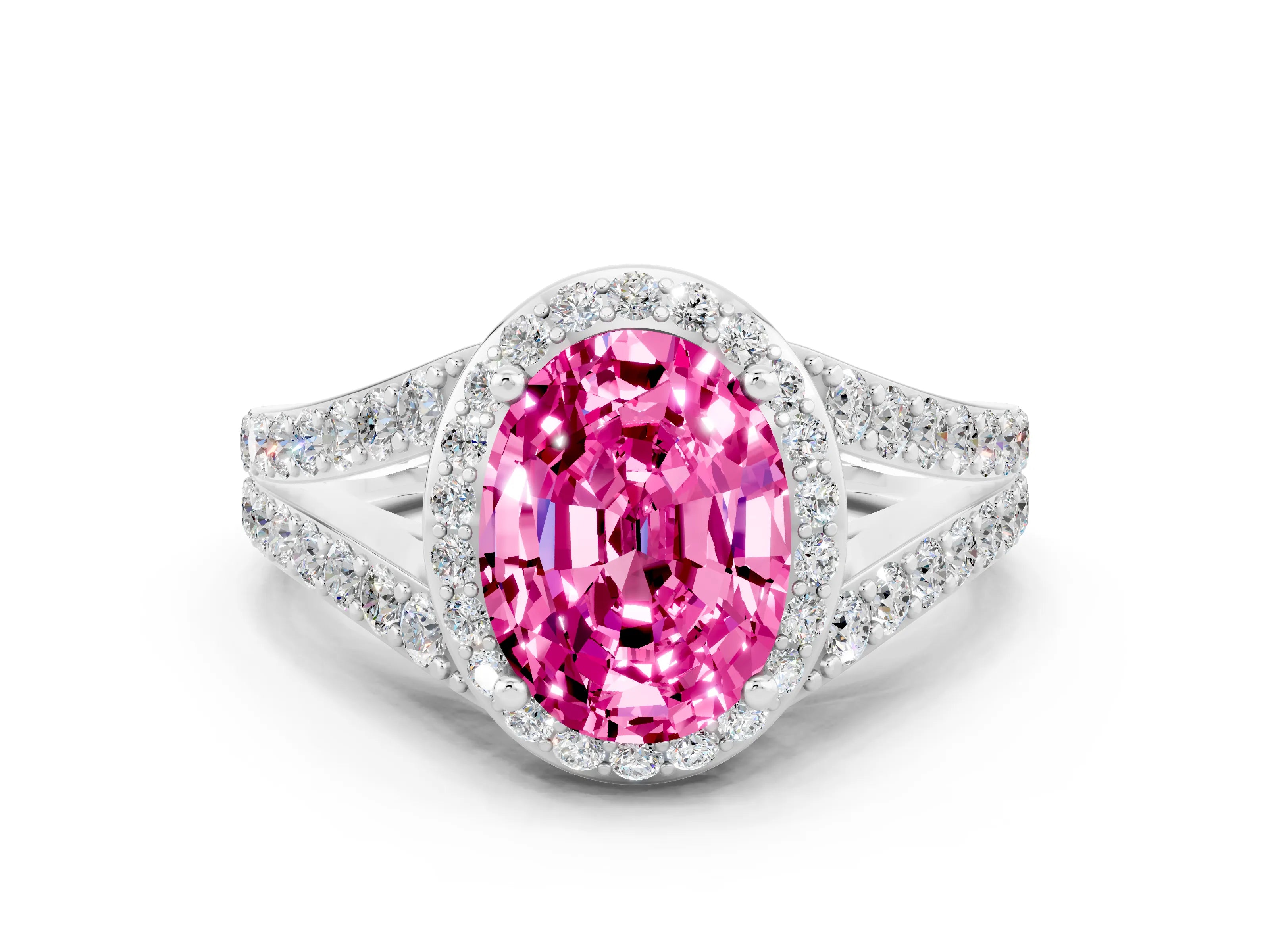 White gold Oval Cut Pink Sapphire Split Shank Halo Ring with Four-Prong Setting_12