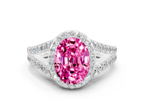 White gold Oval Cut Pink Sapphire Split Shank Halo Ring with Four-Prong Setting_12