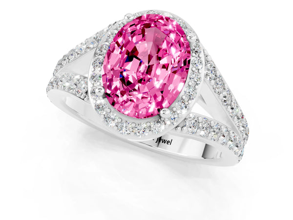Platinum Oval Cut Pink Sapphire Split Shank Halo Ring with Four-Prong Setting