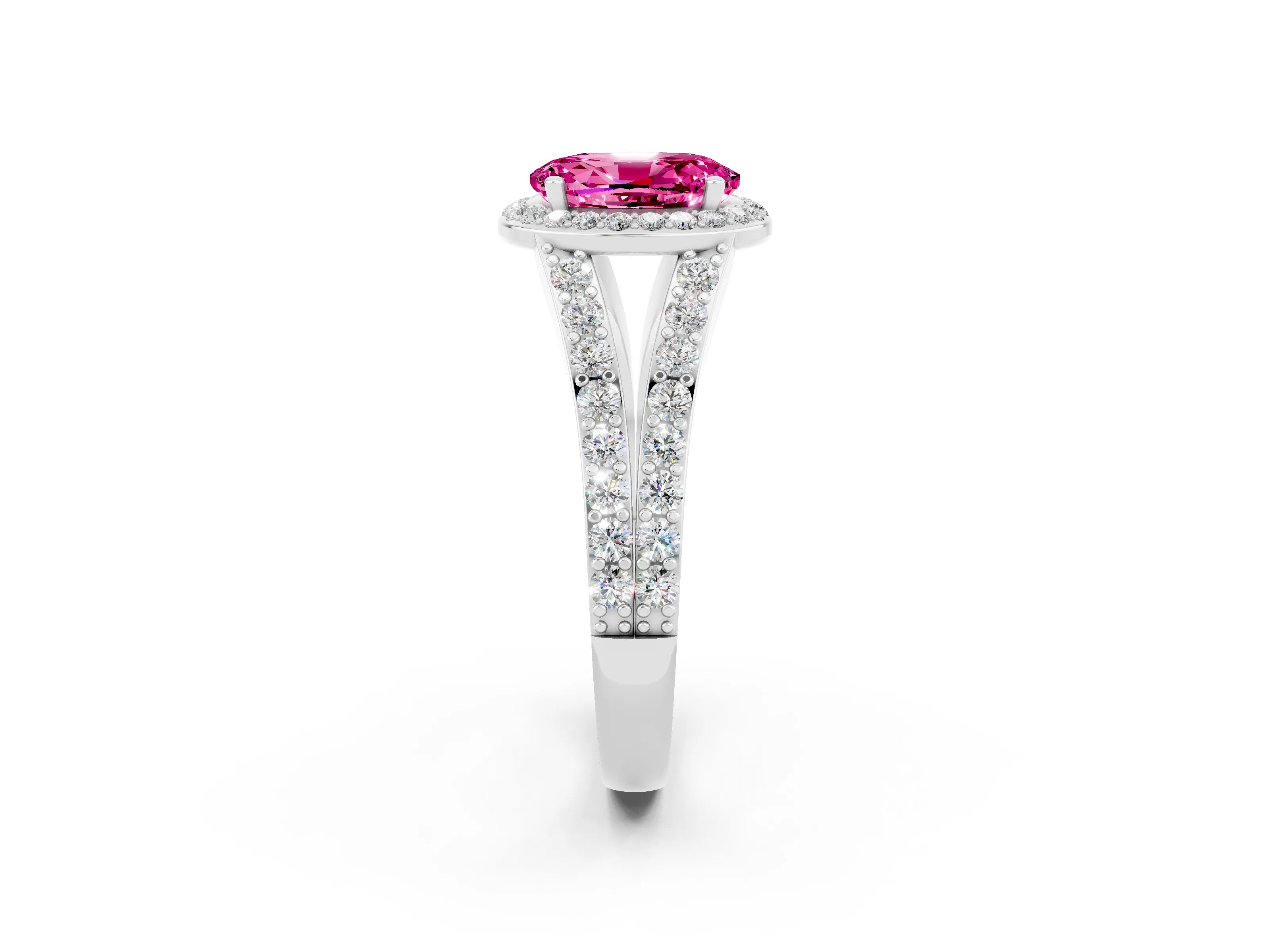 White gold Oval Cut Pink Sapphire Split Shank Halo Ring with Four-Prong Setting_14