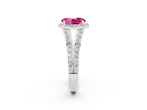 White gold Oval Cut Pink Sapphire Split Shank Halo Ring with Four-Prong Setting_14
