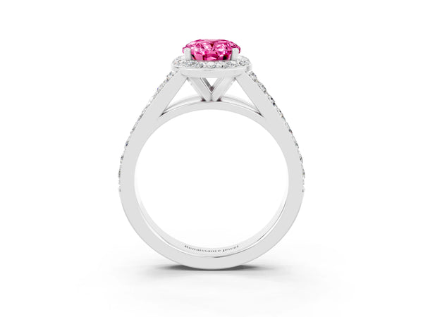 White gold Oval Cut Pink Sapphire Split Shank Halo Ring with Four-Prong Setting