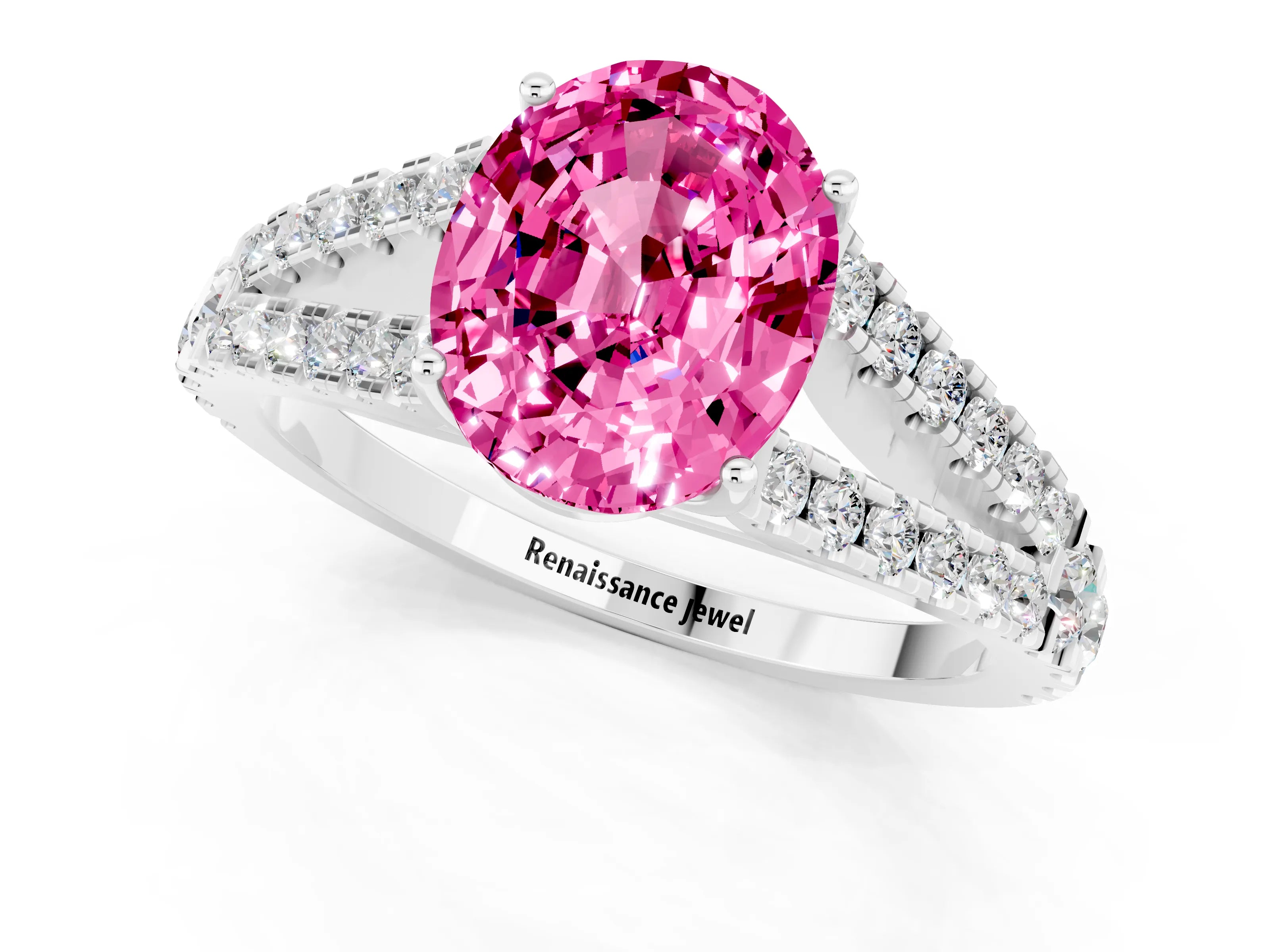 White gold Oval Cut Pink Sapphire Split Shank Pavé Engagement Ring with Four-Prong Setting_13