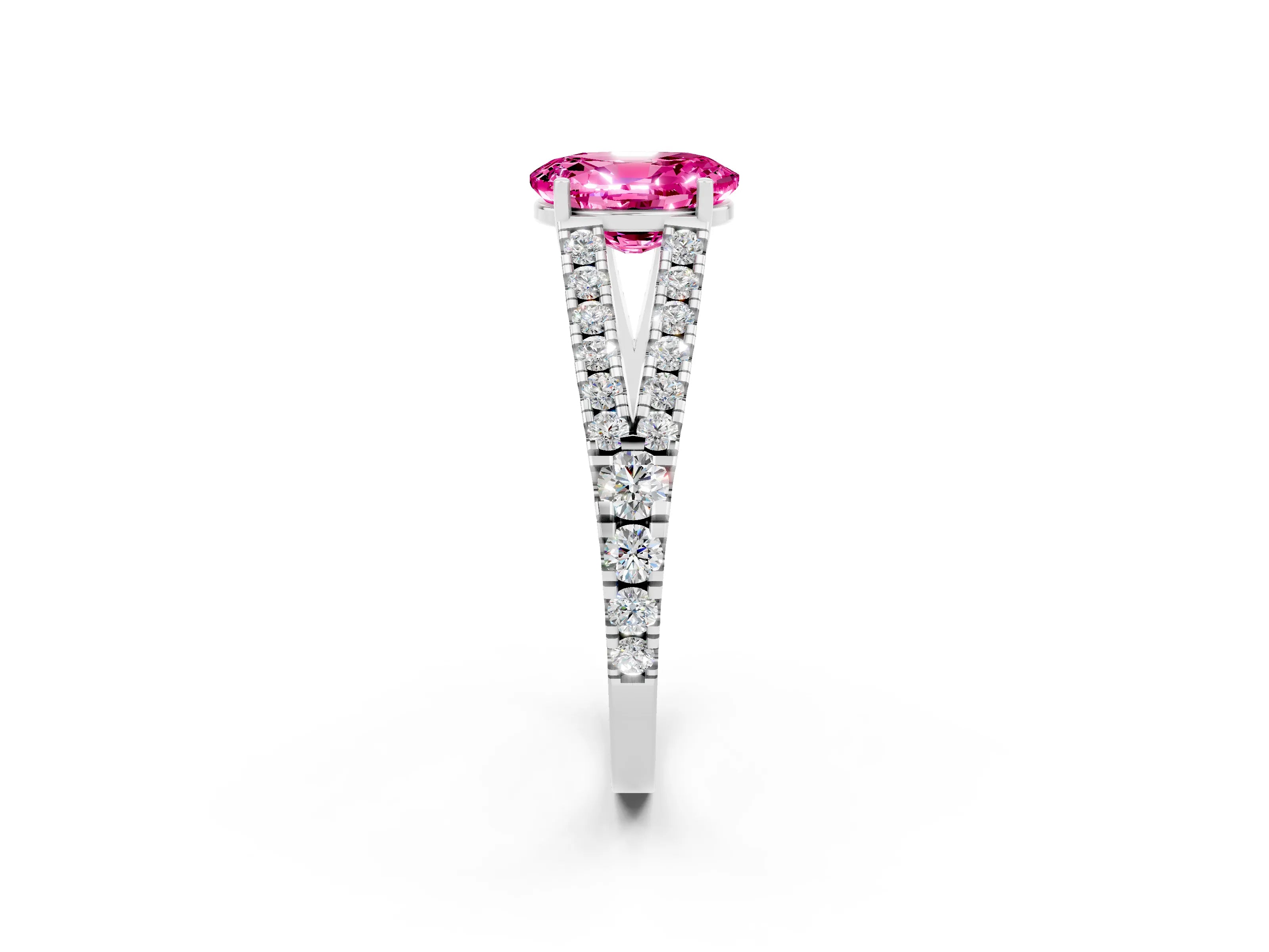 White gold Oval Cut Pink Sapphire Split Shank Pavé Engagement Ring with Four-Prong Setting_14