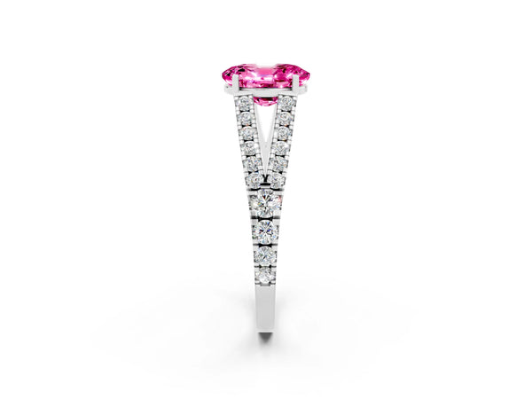 Silver Oval Cut Pink Sapphire Split Shank Pavé Engagement Ring with Four-Prong Setting