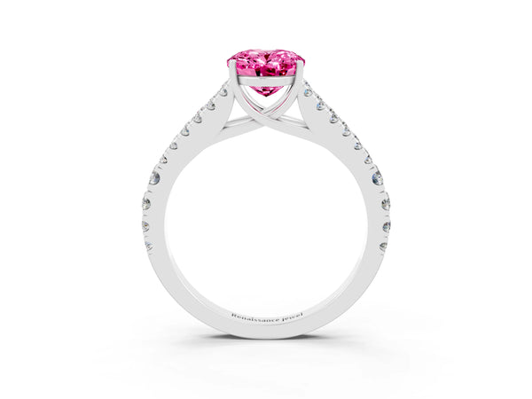 Platinum Oval Cut Pink Sapphire Split Shank Pavé Engagement Ring with Four-Prong Setting