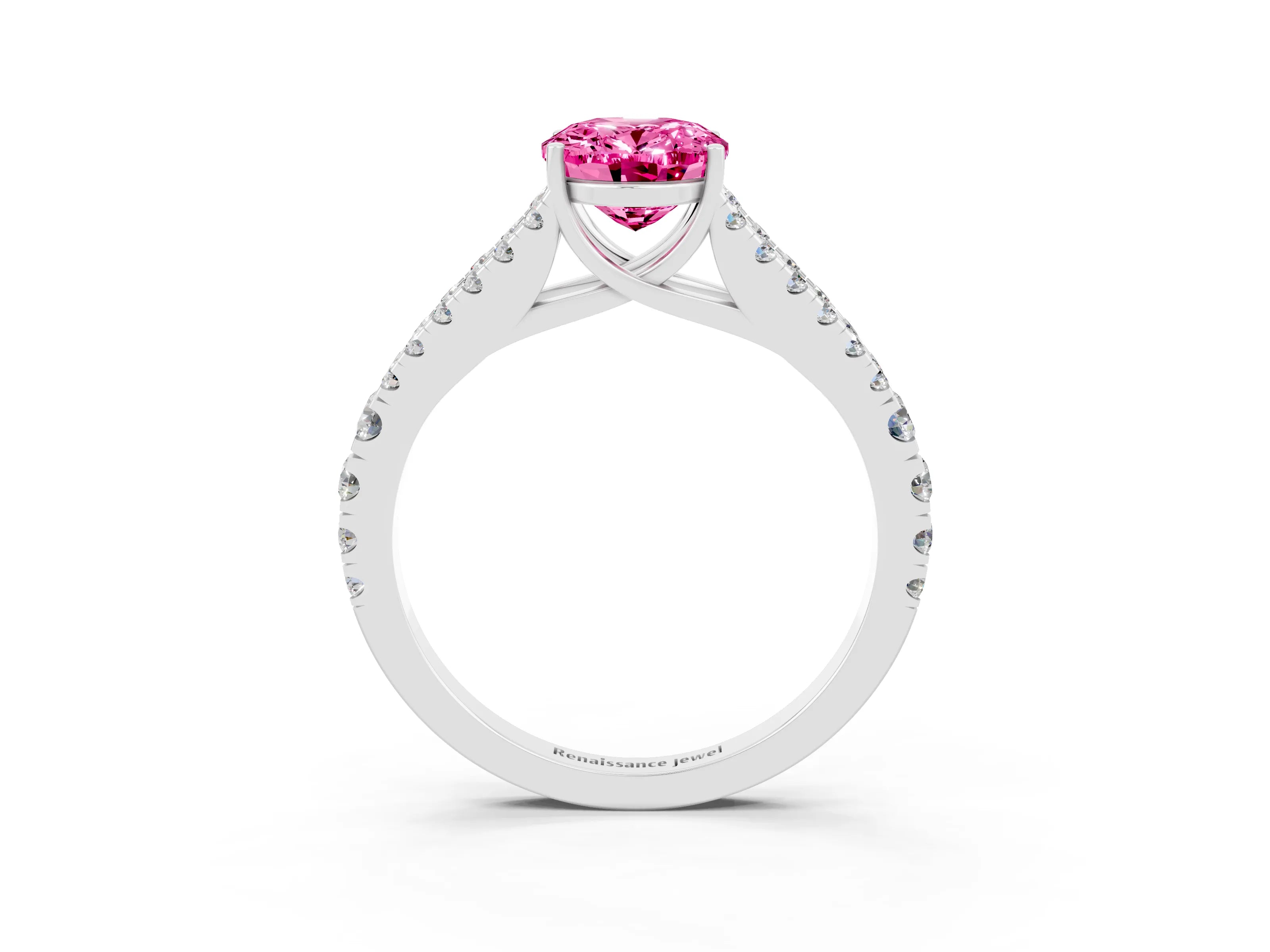 White gold Oval Cut Pink Sapphire Split Shank Pavé Engagement Ring with Four-Prong Setting_15