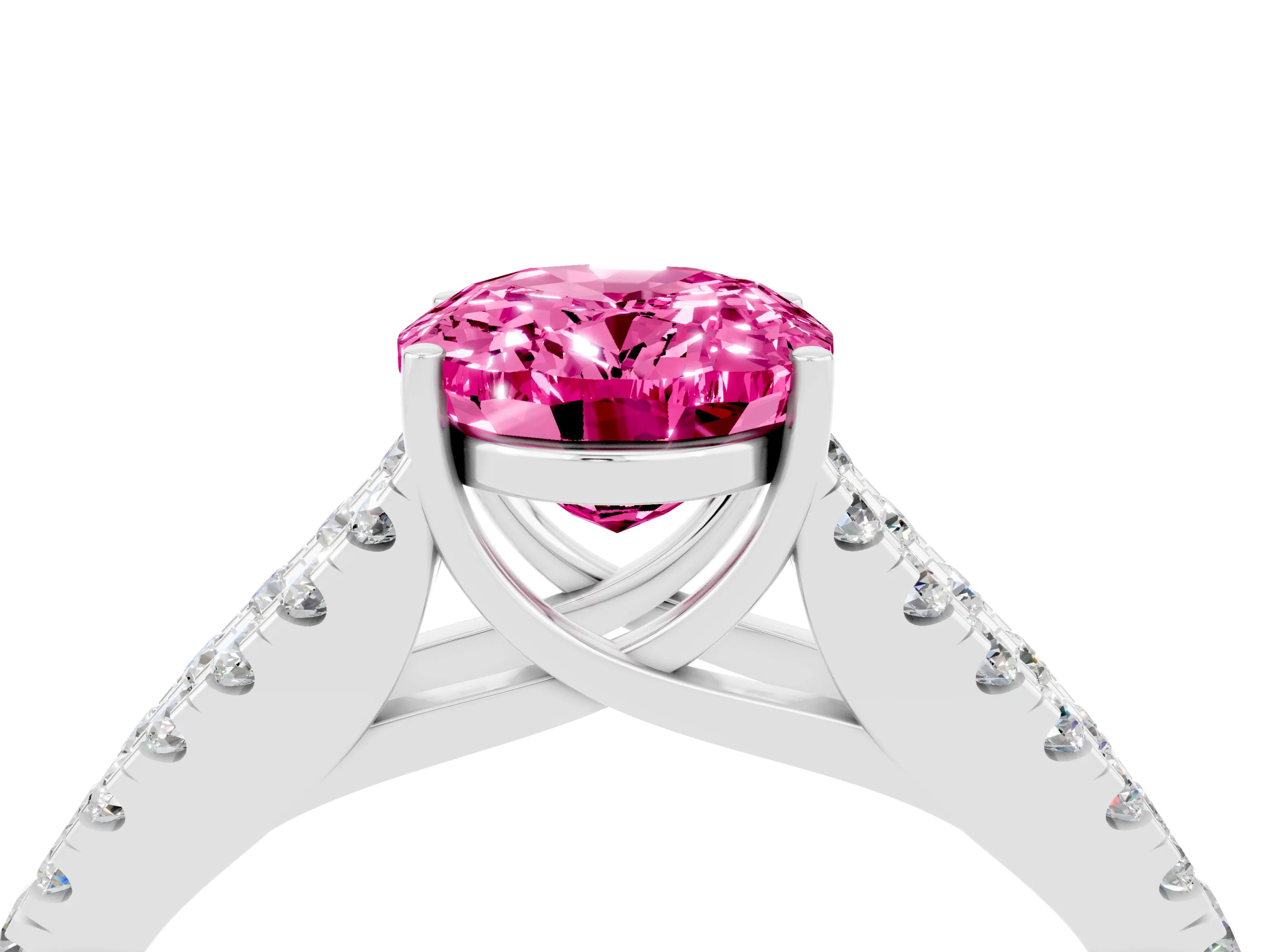 White gold Oval Cut Pink Sapphire Split Shank Pavé Engagement Ring with Four-Prong Setting_16