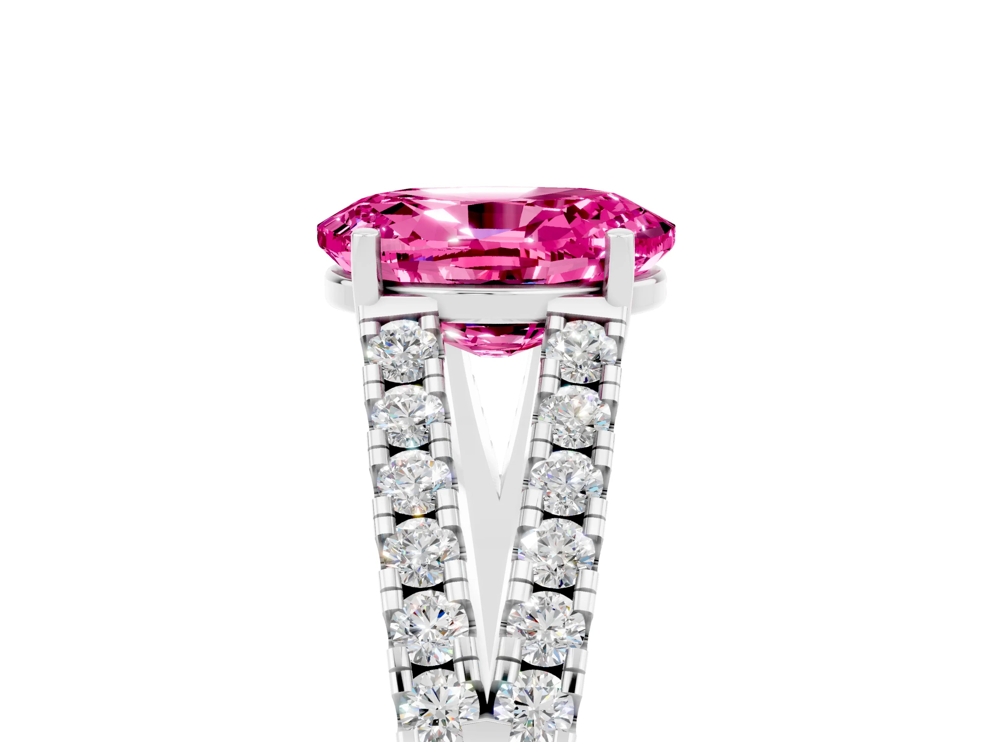 White gold Oval Cut Pink Sapphire Split Shank Pavé Engagement Ring with Four-Prong Setting_17