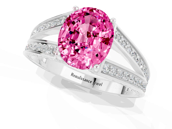 White gold Oval Cut Pink Sapphire Split Shank Ring with Pavé Band and Four-Prong Setting