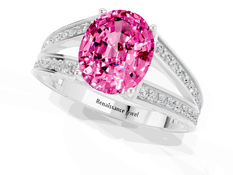 White gold Oval Cut Pink Sapphire Split Shank Ring with Pavé Band and Four-Prong Setting_1