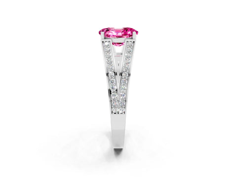 White gold Oval Cut Pink Sapphire Split Shank Ring with Pavé Band and Four-Prong Setting_2
