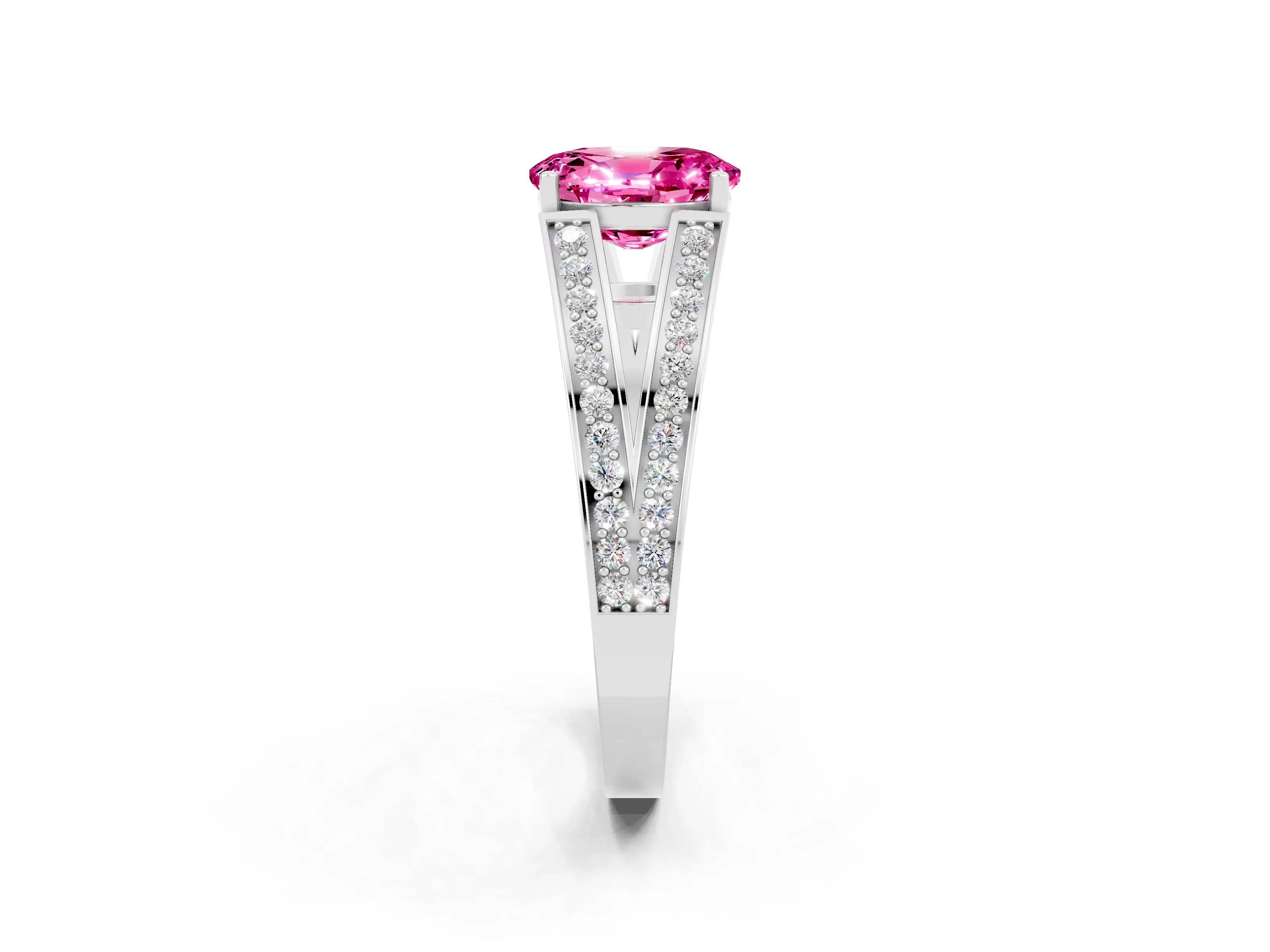 White gold Oval Cut Pink Sapphire Split Shank Ring with Pavé Band and Four-Prong Setting_2