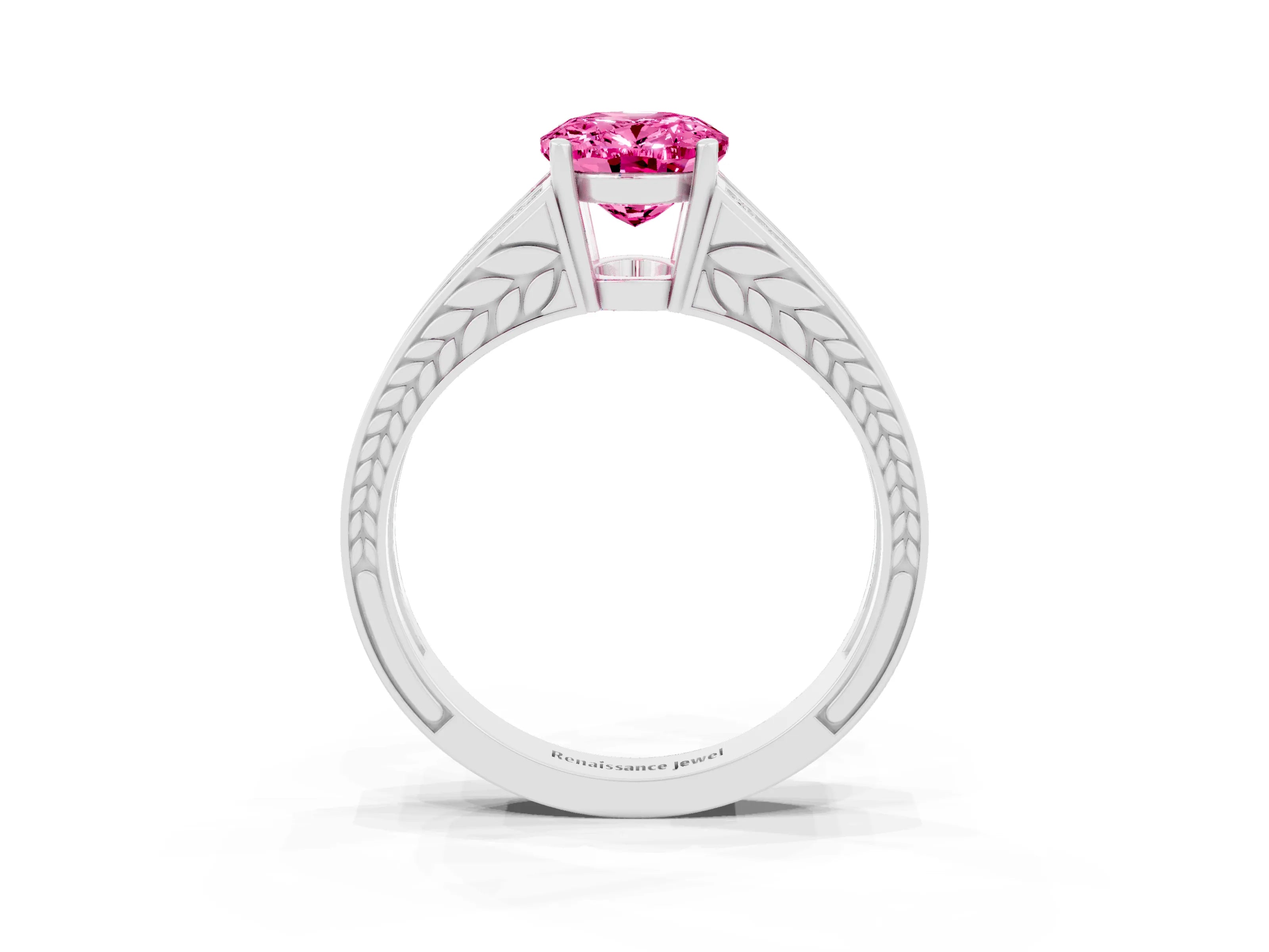 White gold Oval Cut Pink Sapphire Split Shank Ring with Pavé Band and Four-Prong Setting_3