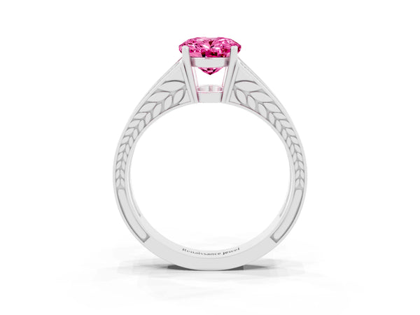 White gold Oval Cut Pink Sapphire Split Shank Ring with Pavé Band and Four-Prong Setting