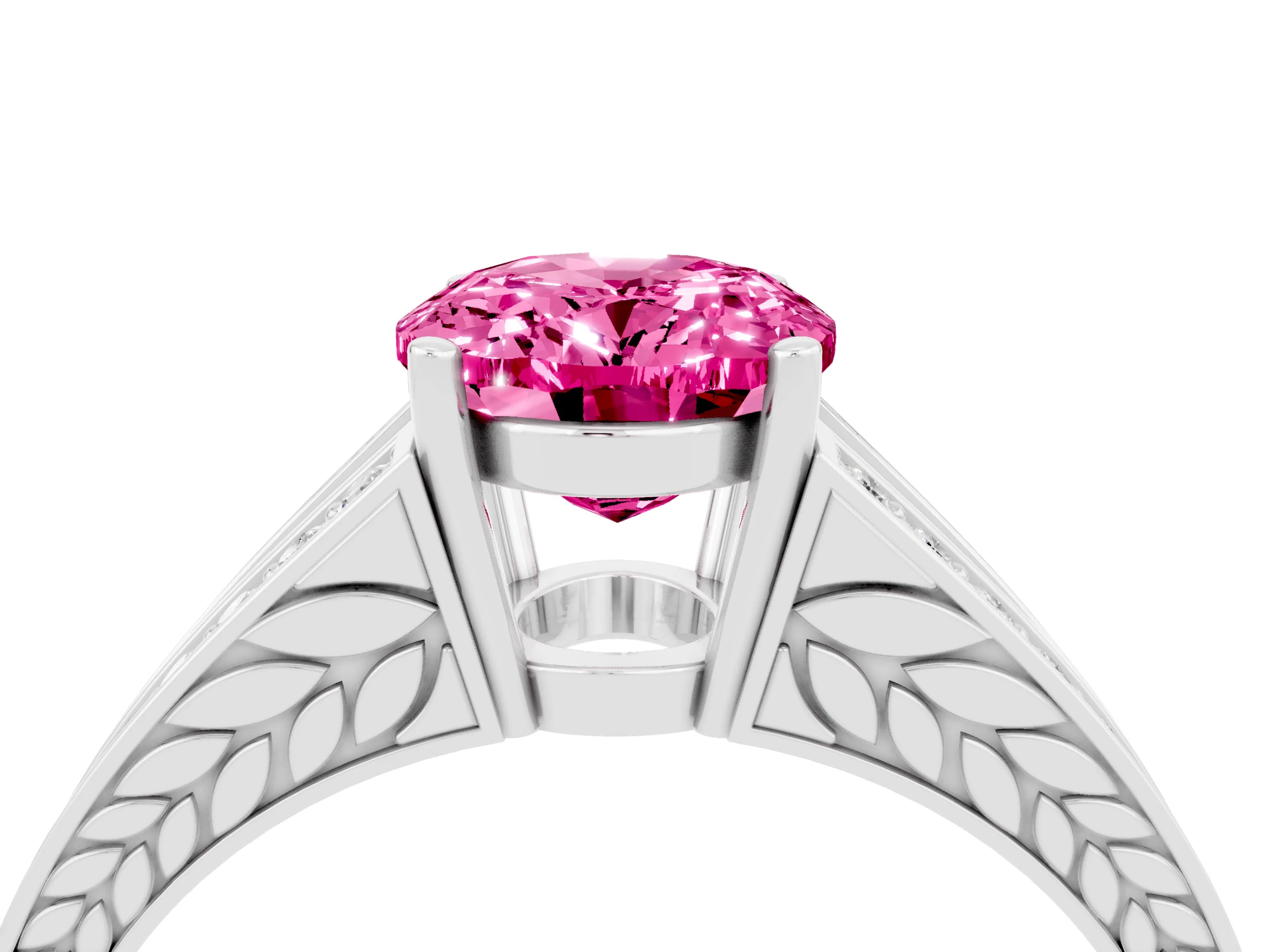 White gold Oval Cut Pink Sapphire Split Shank Ring with Pavé Band and Four-Prong Setting_4