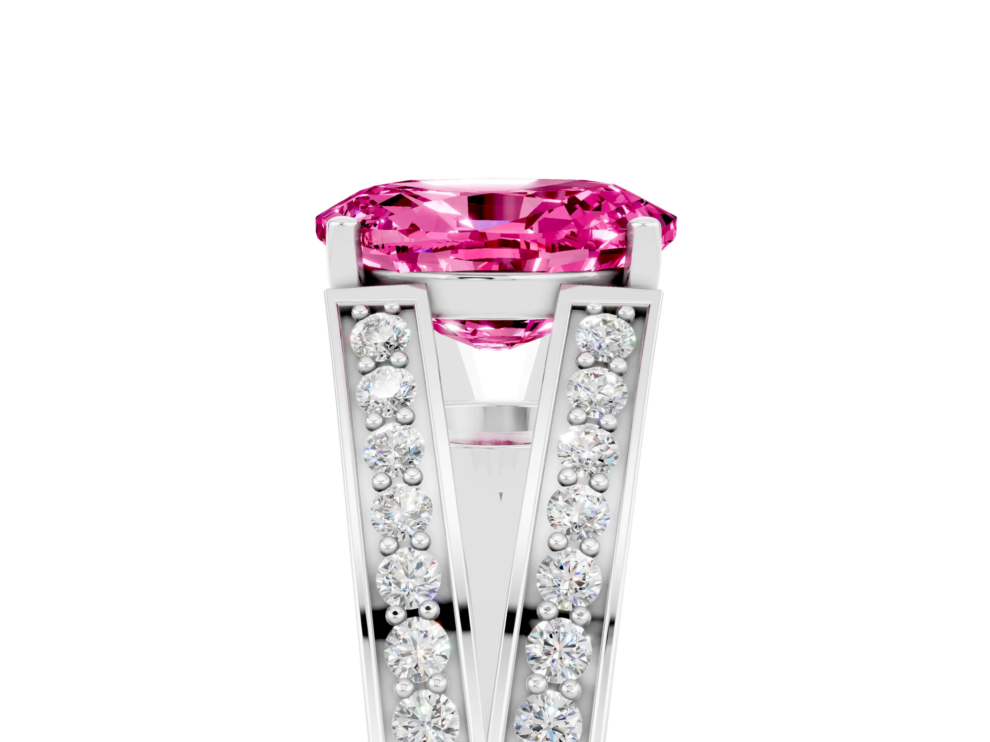 White gold Oval Cut Pink Sapphire Split Shank Ring with Pavé Band and Four-Prong Setting_5