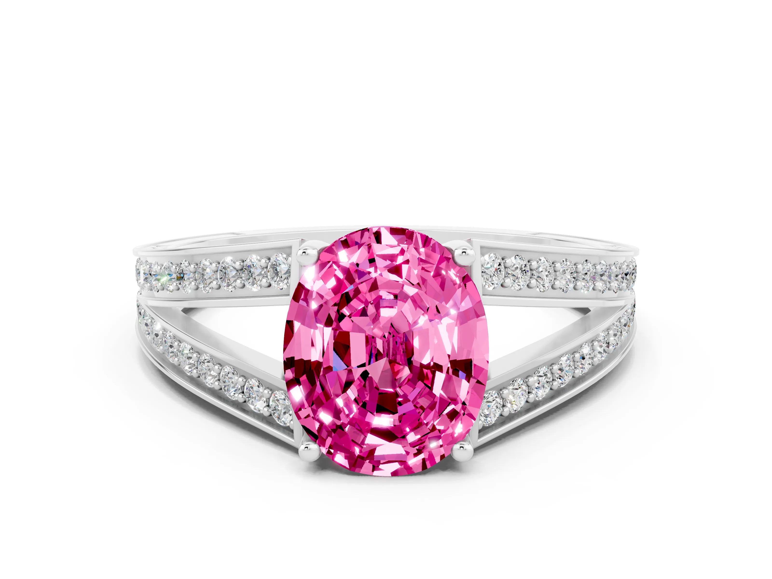 White gold Oval Cut Pink Sapphire Split Shank Ring with Pavé Band and Four-Prong Setting