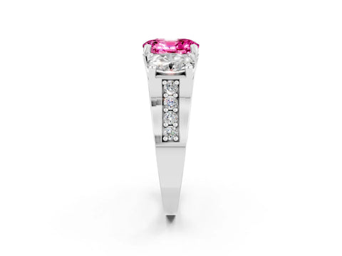 White gold Oval Cut Pink Sapphire Three-Stone Ring with Channel Set Band and Four-Prong Setting_2