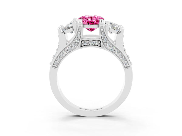 Silver Oval Cut Pink Sapphire Three-Stone Ring with Channel Set Band and Four-Prong Setting