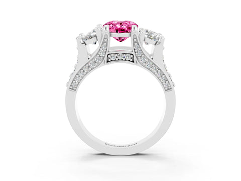 White gold Oval Cut Pink Sapphire Three-Stone Ring with Channel Set Band and Four-Prong Setting_3