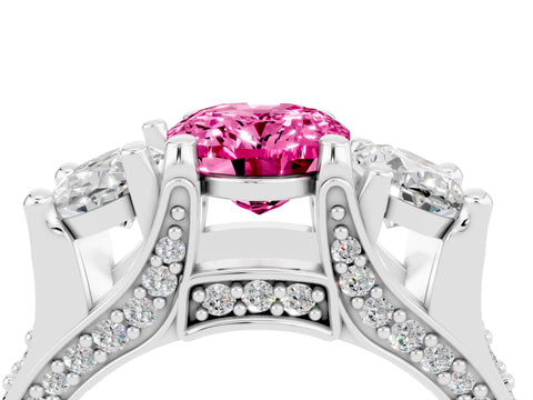White gold Oval Cut Pink Sapphire Three-Stone Ring with Channel Set Band and Four-Prong Setting_4