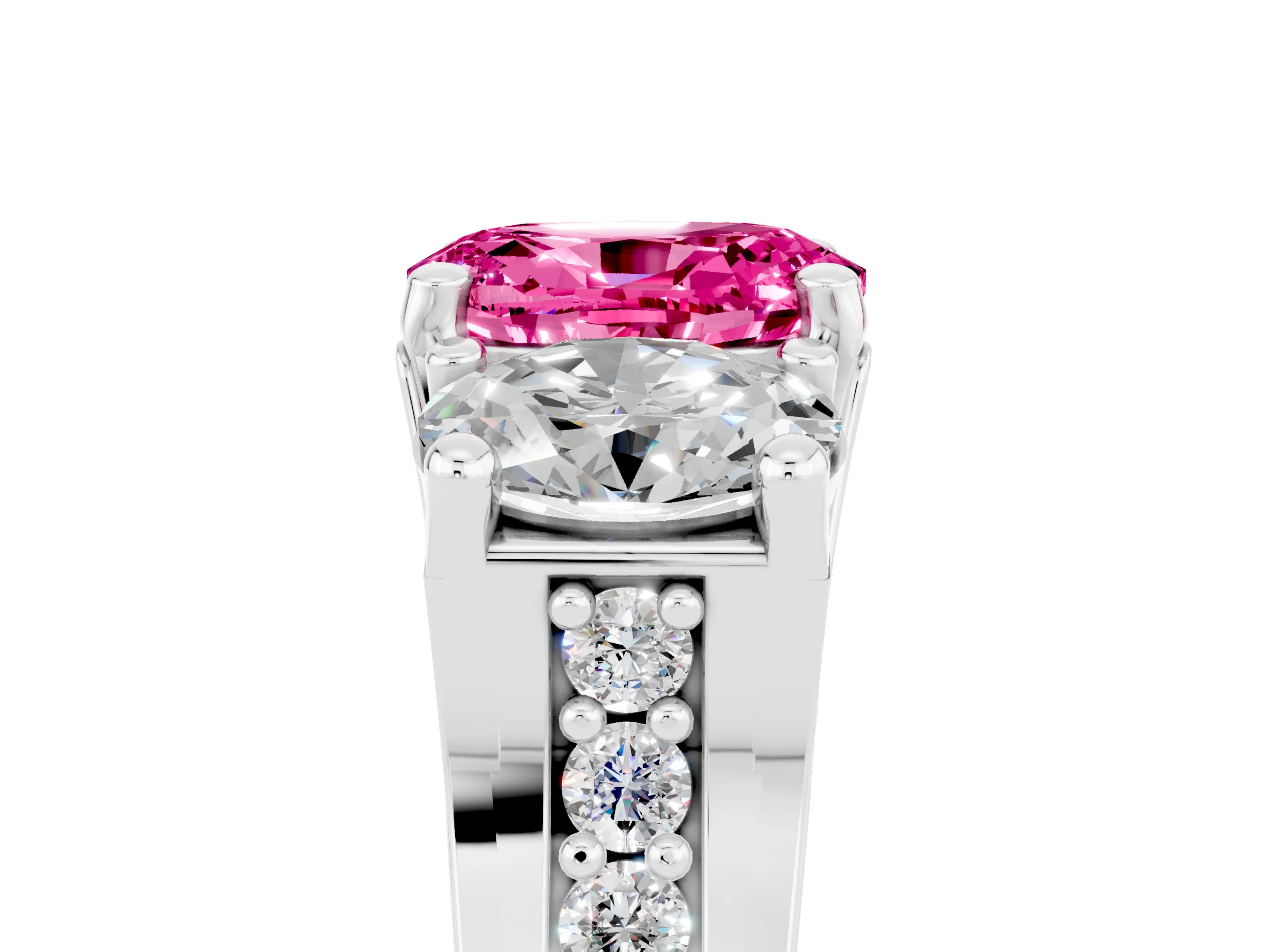 White gold Oval Cut Pink Sapphire Three-Stone Ring with Channel Set Band and Four-Prong Setting_5