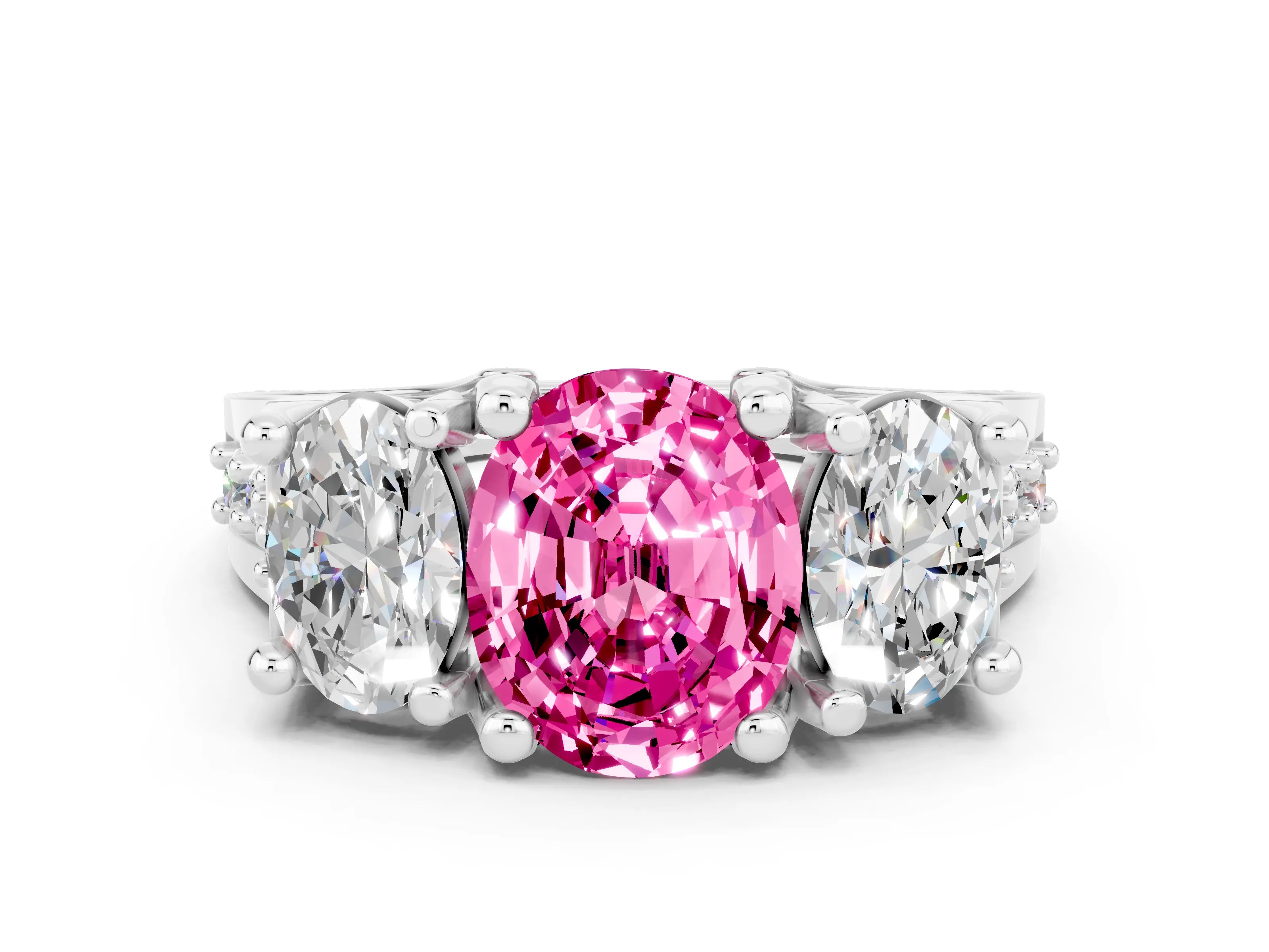 White gold Oval Cut Pink Sapphire Three-Stone Ring with Channel Set Band and Four-Prong Setting