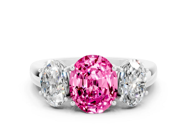 Platinum Oval Cut Pink Sapphire Three-Stone Ring with Four-Prong Setting and Classic Band