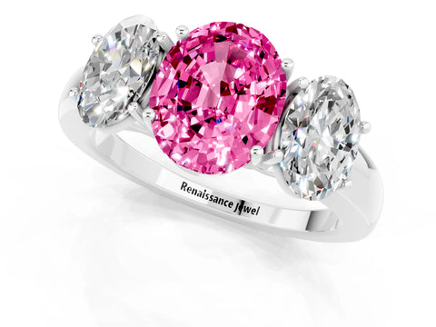 White gold Oval Cut Pink Sapphire Three-Stone Ring with Four-Prong Setting and Classic Band_1