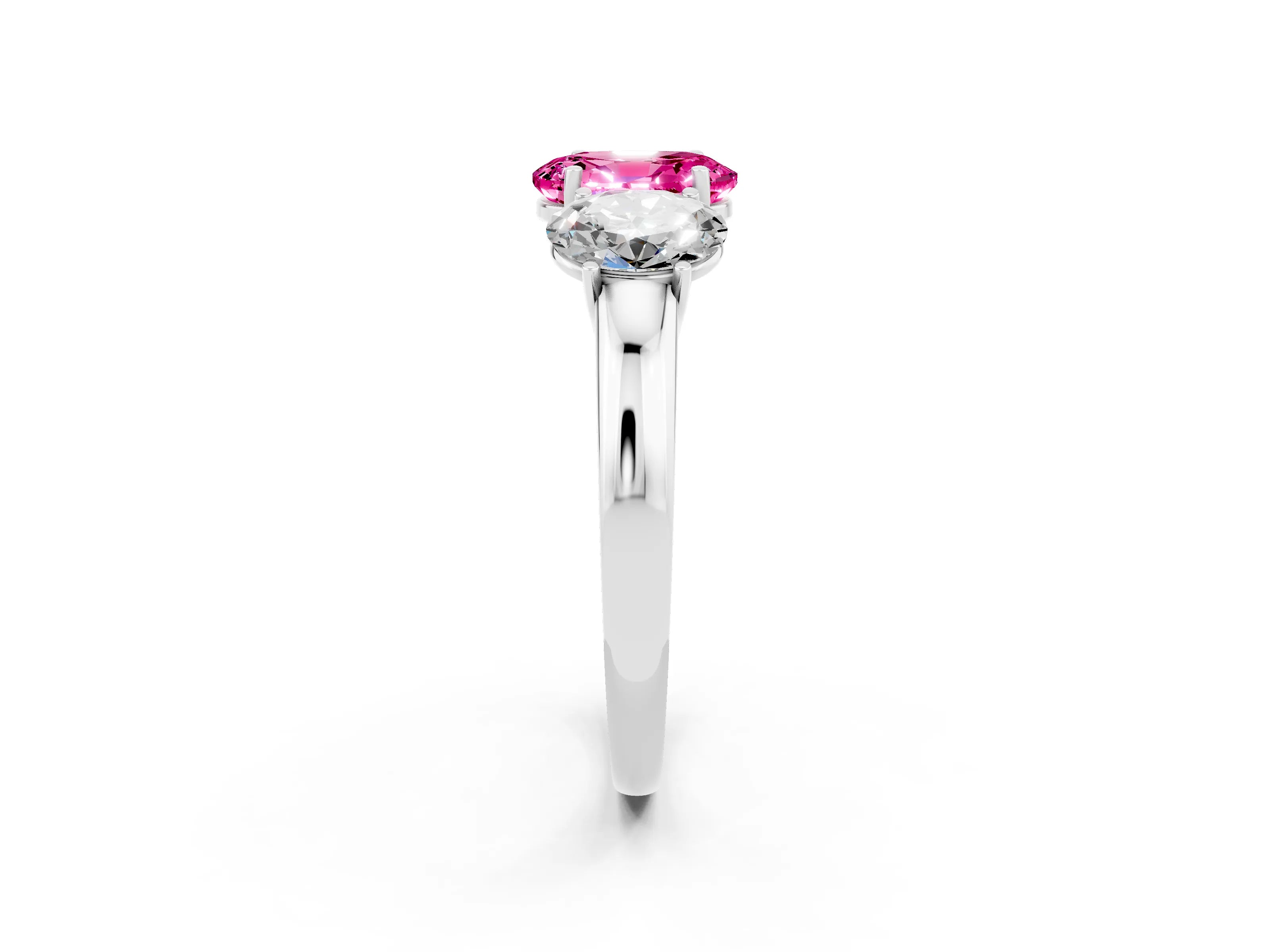White gold Oval Cut Pink Sapphire Three-Stone Ring with Four-Prong Setting and Classic Band_2