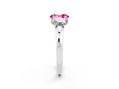 White gold Oval Cut Pink Sapphire Three-Stone Ring with Four-Prong Setting and Classic Band_2