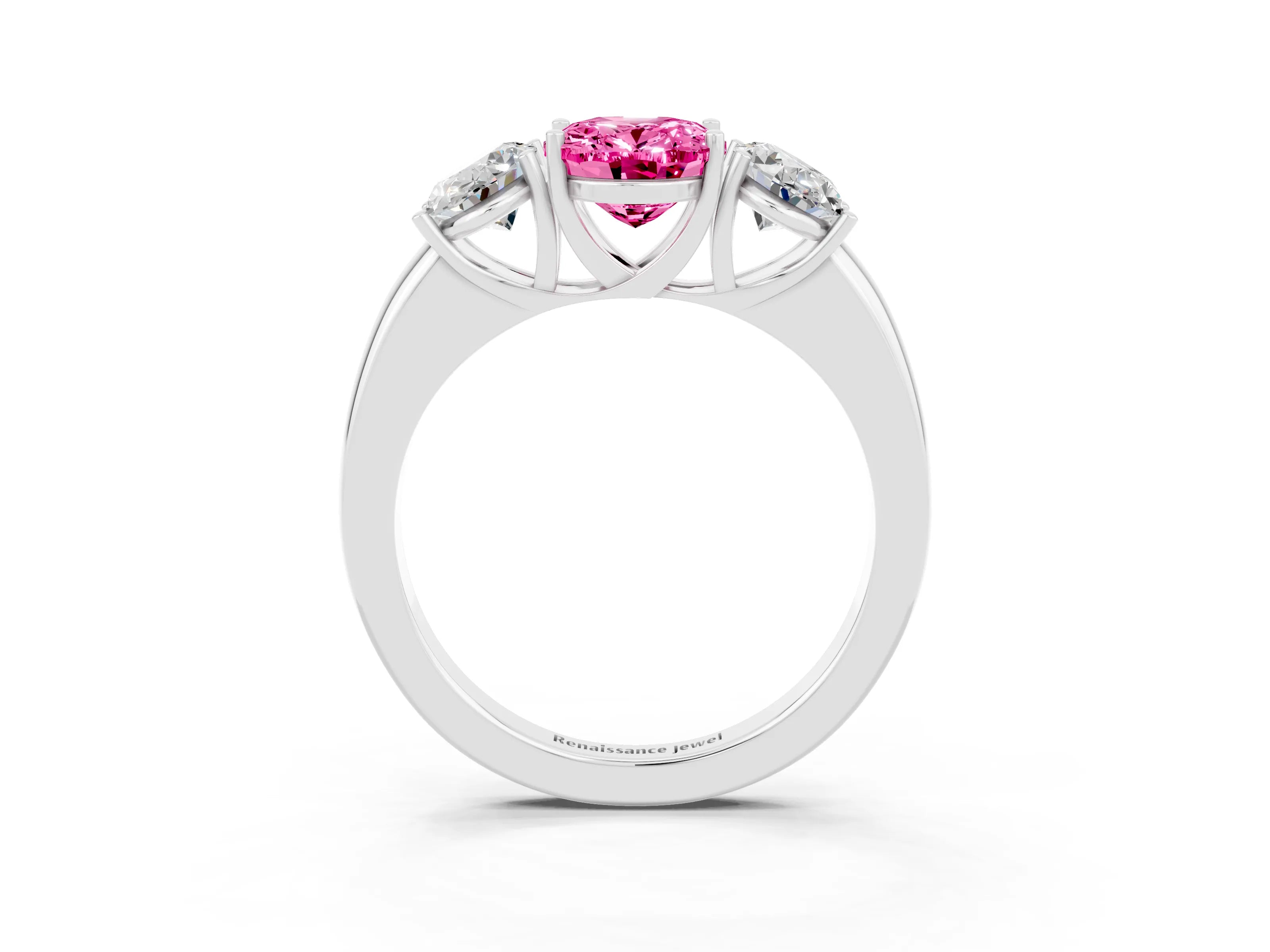White gold Oval Cut Pink Sapphire Three-Stone Ring with Four-Prong Setting and Classic Band_3