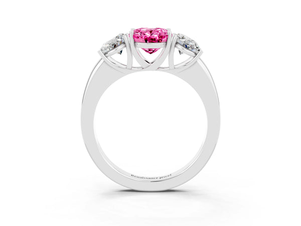 White gold Oval Cut Pink Sapphire Three-Stone Ring with Four-Prong Setting and Classic Band