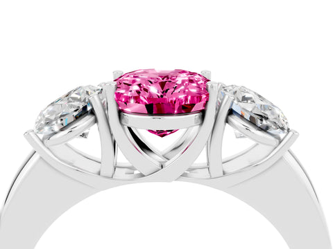 White gold Oval Cut Pink Sapphire Three-Stone Ring with Four-Prong Setting and Classic Band_4