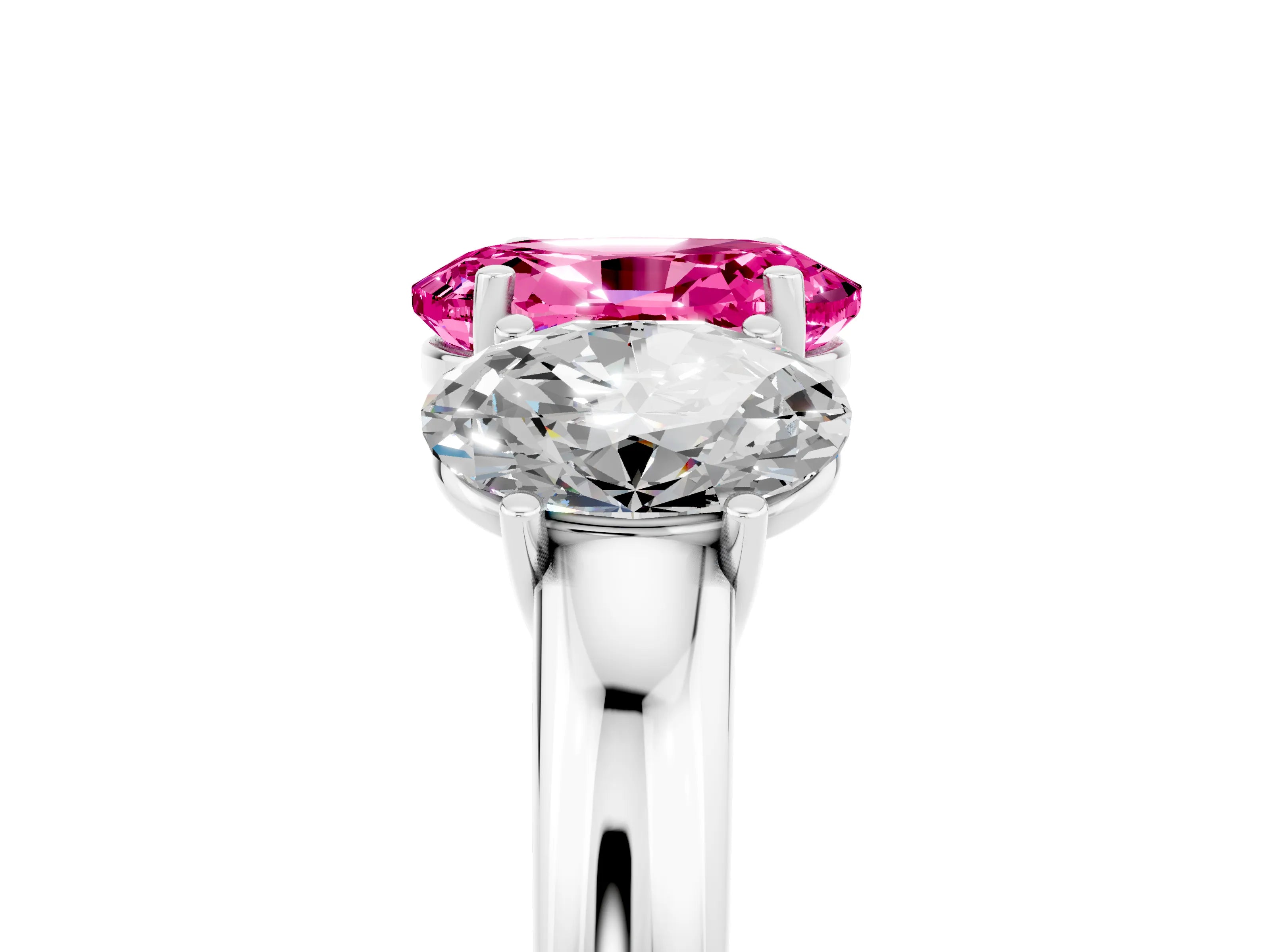 White gold Oval Cut Pink Sapphire Three-Stone Ring with Four-Prong Setting and Classic Band_5