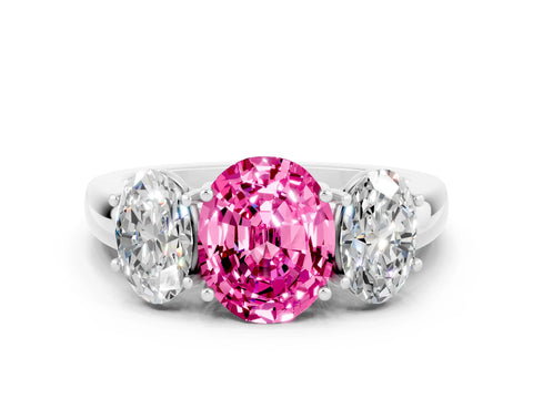 White gold Oval Cut Pink Sapphire Three-Stone Ring with Four-Prong Setting and Classic Band