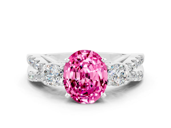 Silver Oval Cut Pink Sapphire Three-Stone Ring with Pavé Split Shank and Four-Prong Setting