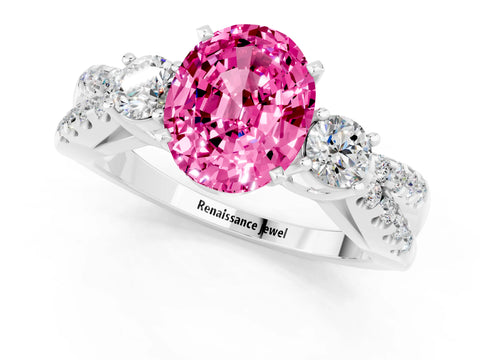 White gold Oval Cut Pink Sapphire Three-Stone Ring with Pavé Split Shank and Four-Prong Setting_37