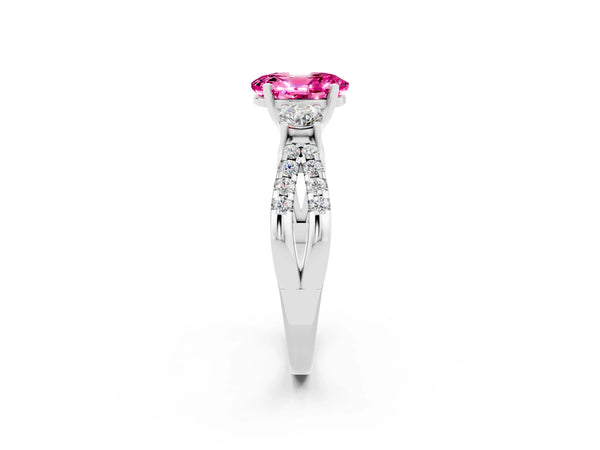 Silver Oval Cut Pink Sapphire Three-Stone Ring with Pavé Split Shank and Four-Prong Setting