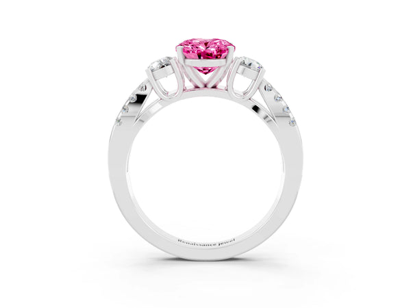 White gold Oval Cut Pink Sapphire Three-Stone Ring with Pavé Split Shank and Four-Prong Setting