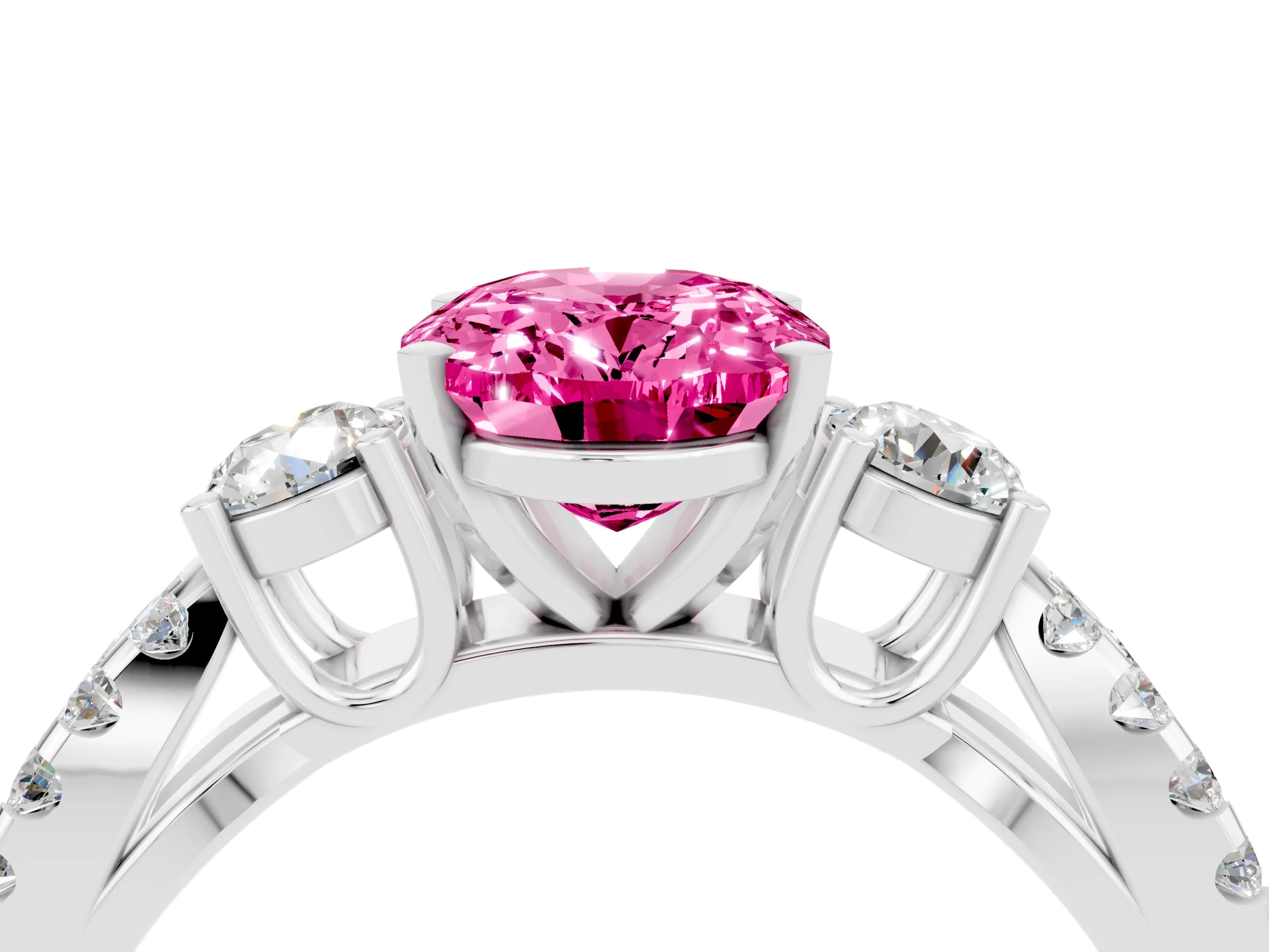 White gold Oval Cut Pink Sapphire Three-Stone Ring with Pavé Split Shank and Four-Prong Setting_40