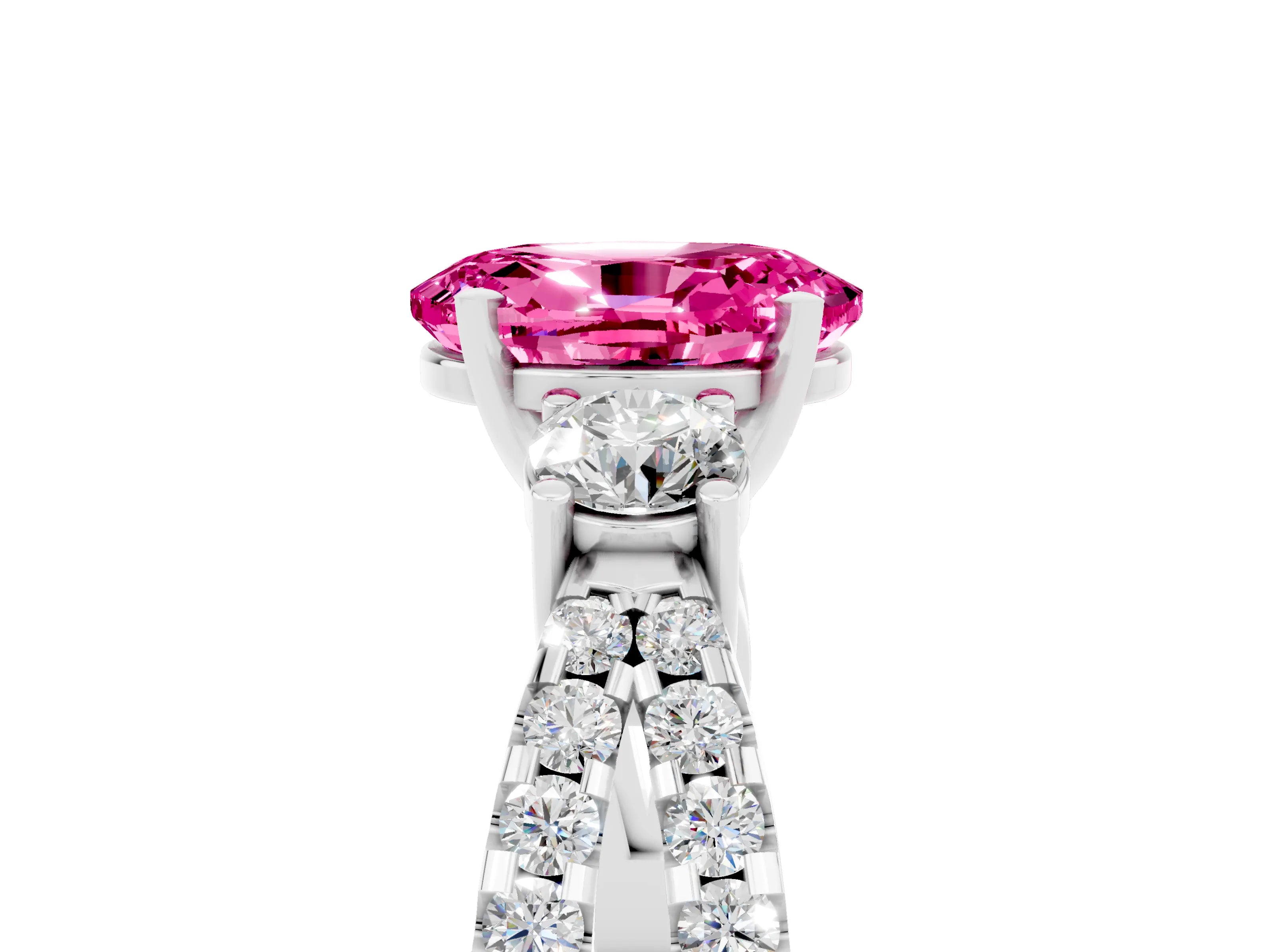 White gold Oval Cut Pink Sapphire Three-Stone Ring with Pavé Split Shank and Four-Prong Setting_41